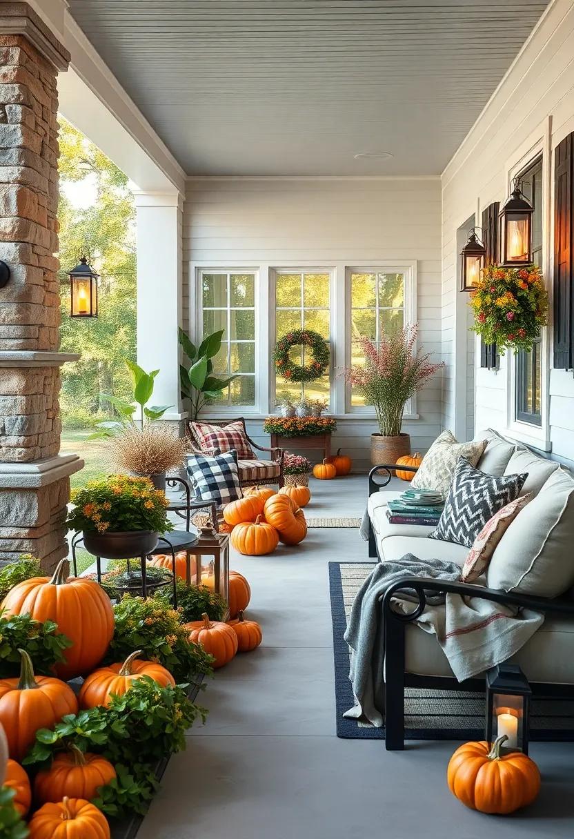 Cozy Porch Scenes Featuring Plump Pumpkins, Soft Plaid Blankets, and Flickering Lanterns
