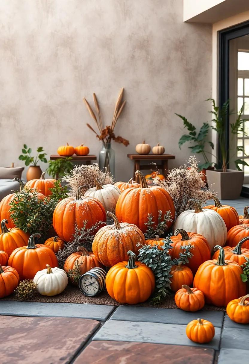 Early Morning Dew Highlighting a Patch of Frost-Kissed Pumpkins Surrounded by Pumpkins and Herbs