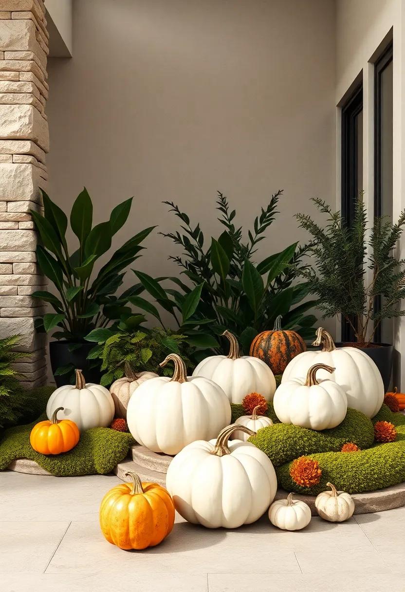 Elegant White Pumpkins Paired With Deep Green Foliage and Soft Moss Accents