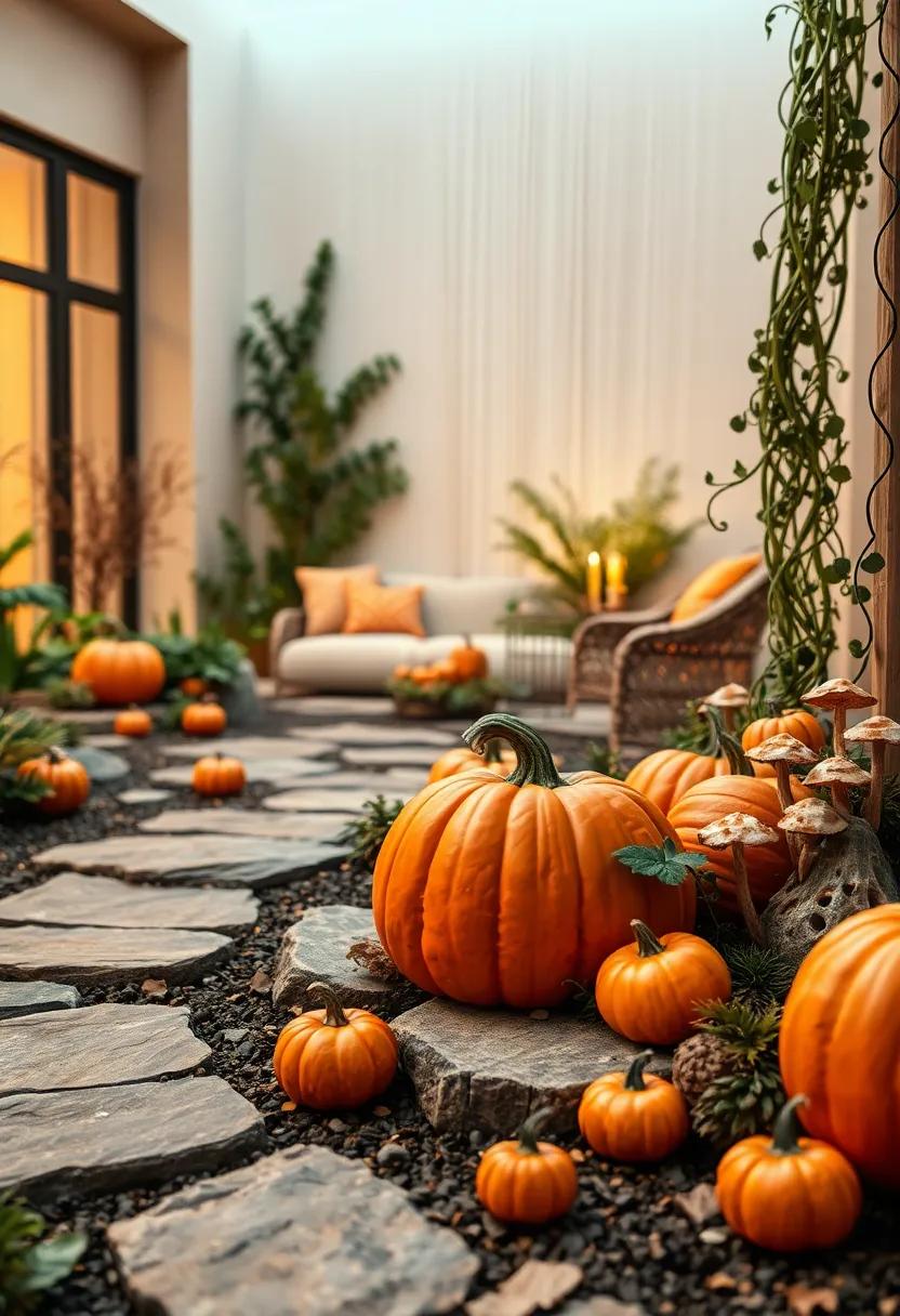 Enchanted Fairy Garden Scene With Tiny Pumpkins, Mushrooms, and Twisting Vines in the Soft Twilight
