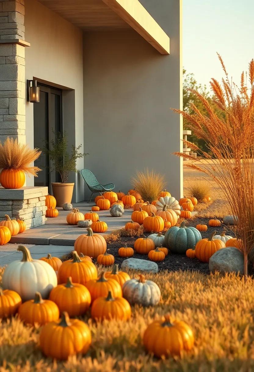 Golden Hour Landscape With Pumpkin Clusters Reflecting Warm Tones on Fading Autumn Grass