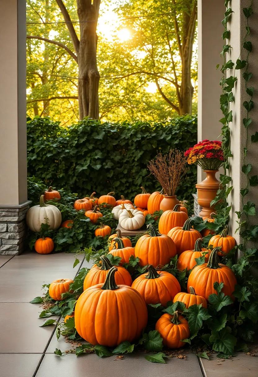 Lush Green Ivy Creeping Around Pumpkins in an Overgrown Garden Corner with Sunlight Through Trees