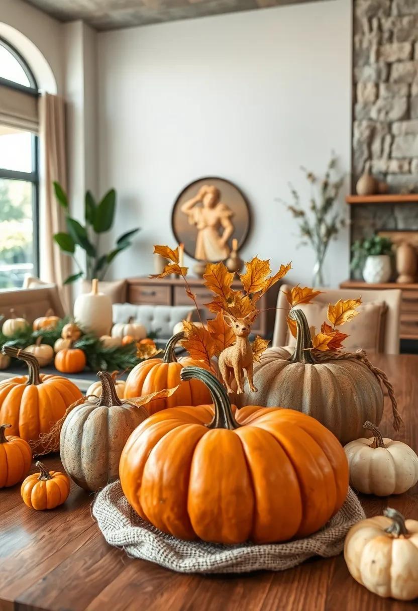 Natural Pumpkin Table Centerpieces Embellished With Golden Leaves and Hand-Carved Wooden Animals
