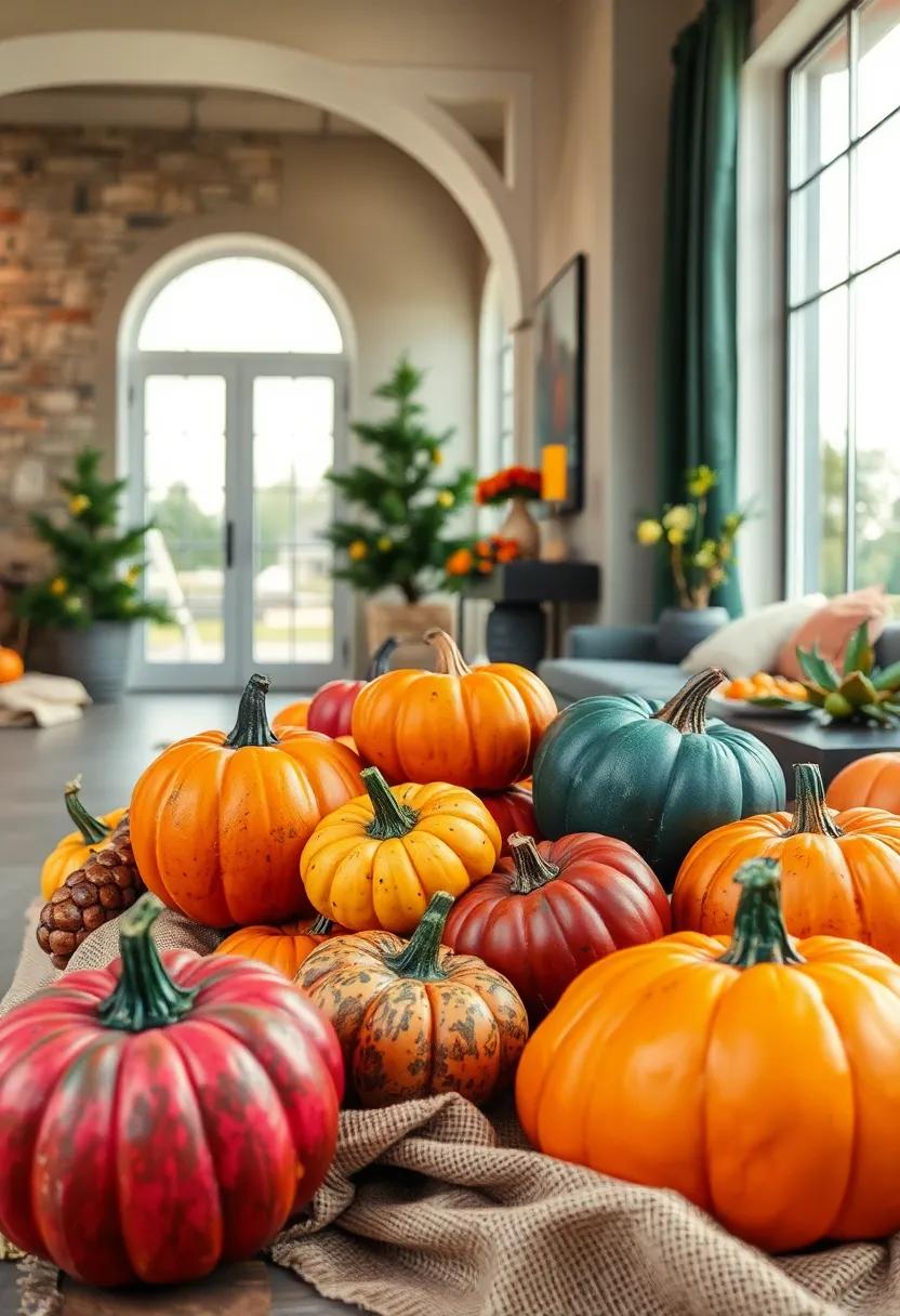 Patchwork of Painted Pumpkins in Jewel Tones Resting on Crumpled Burlap Fabric