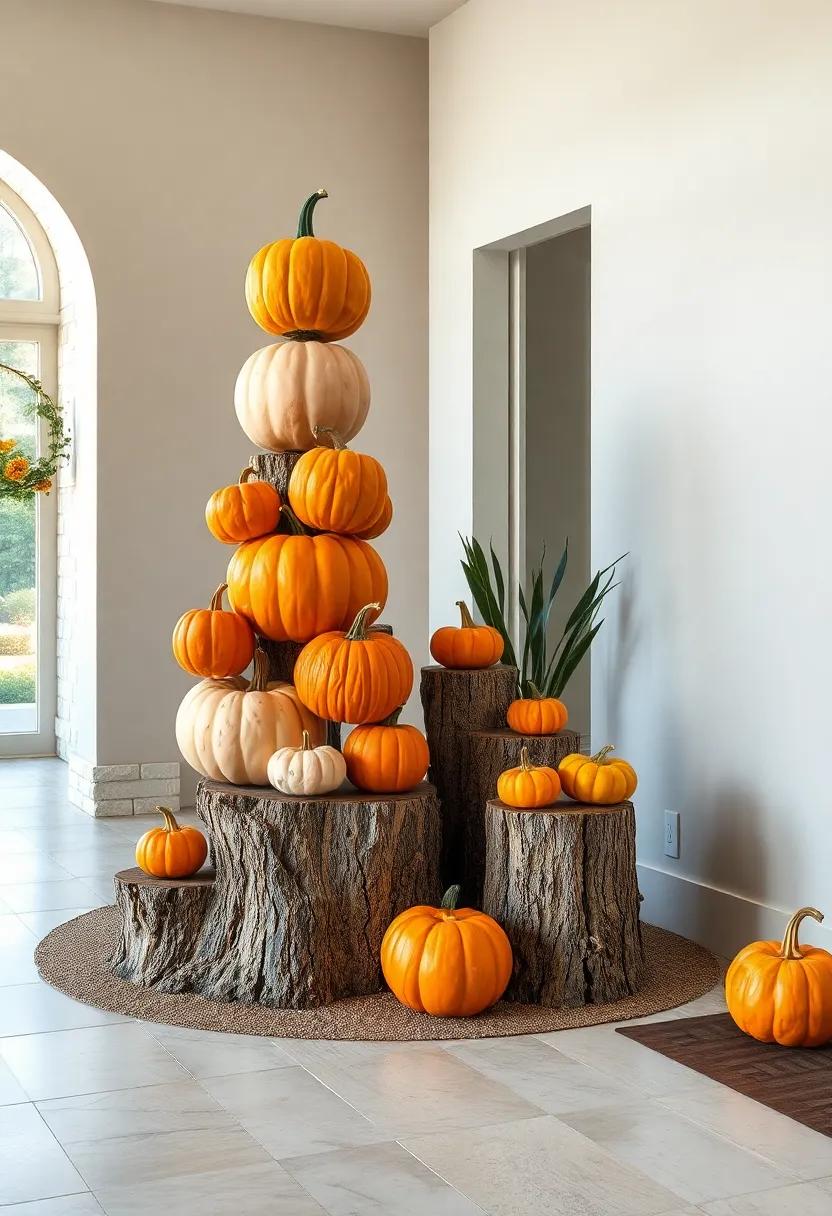 Playful Arrangement of Stacked Pumpkins in Various Shapes and Sizes Balanced on Weathered Tree Stumps