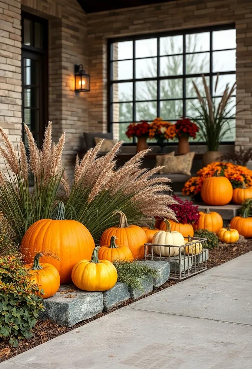 Quiet Morning Scene With Dew-Covered Pumpkins Nestled Among Ornamental Grasses and Rustic Bricks