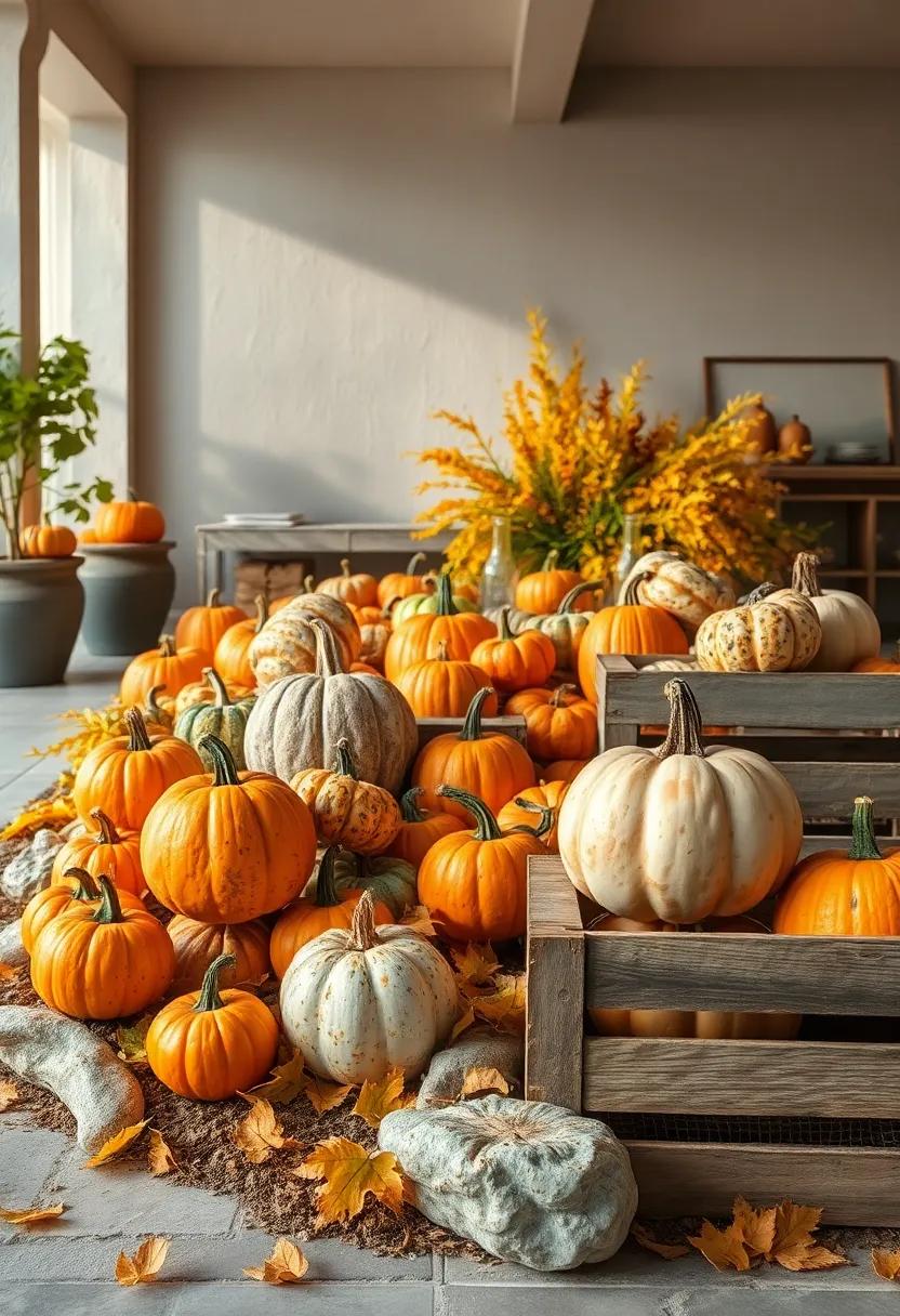 Rustic Pumpkin Patches Nestled Among Golden Autumn Leaves and Vintage Wooden Crates