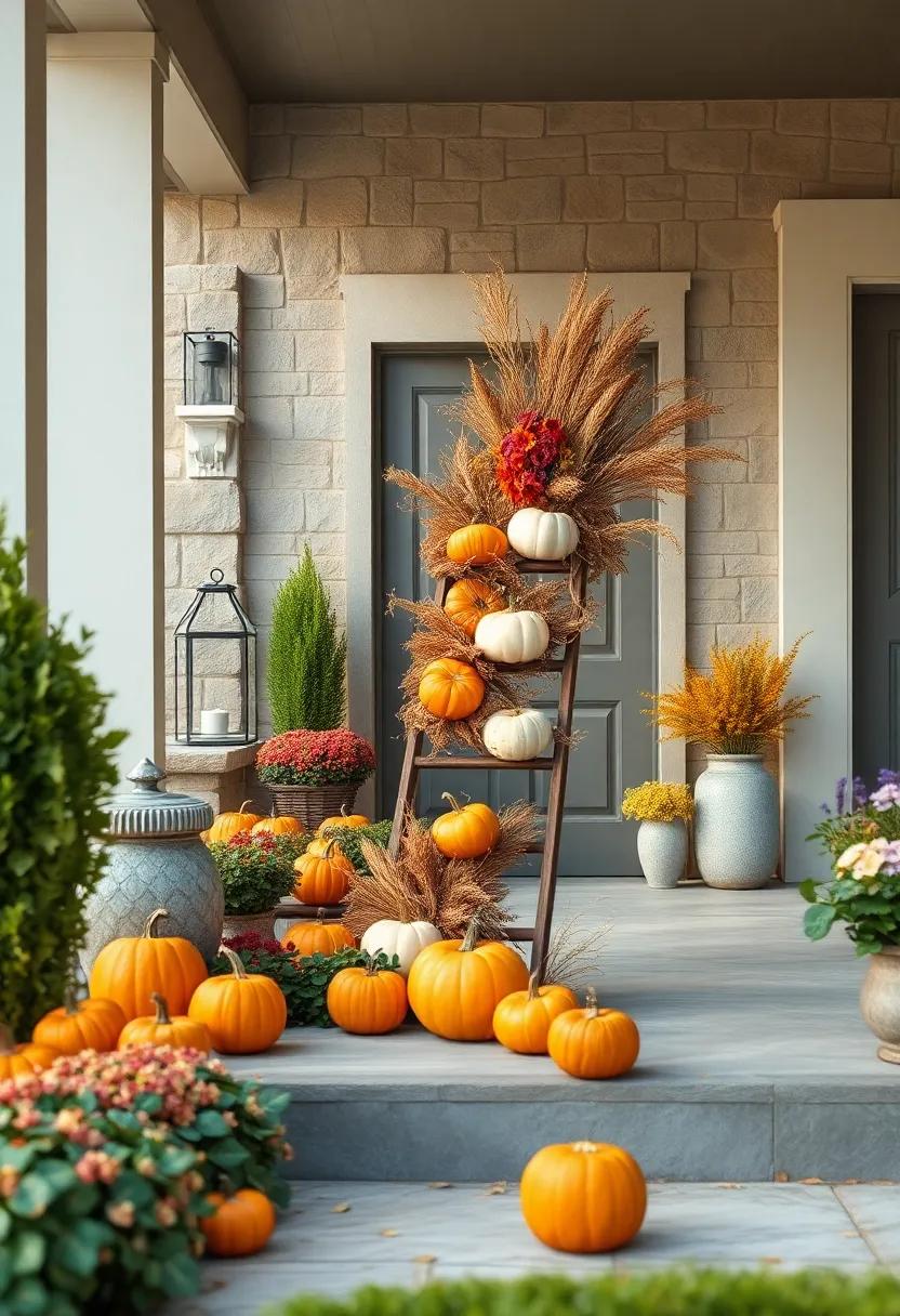 Rustic Wooden Ladder Draped With Pumpkins, Dried Corn, and Twisting Wildflowers on a Country Porch