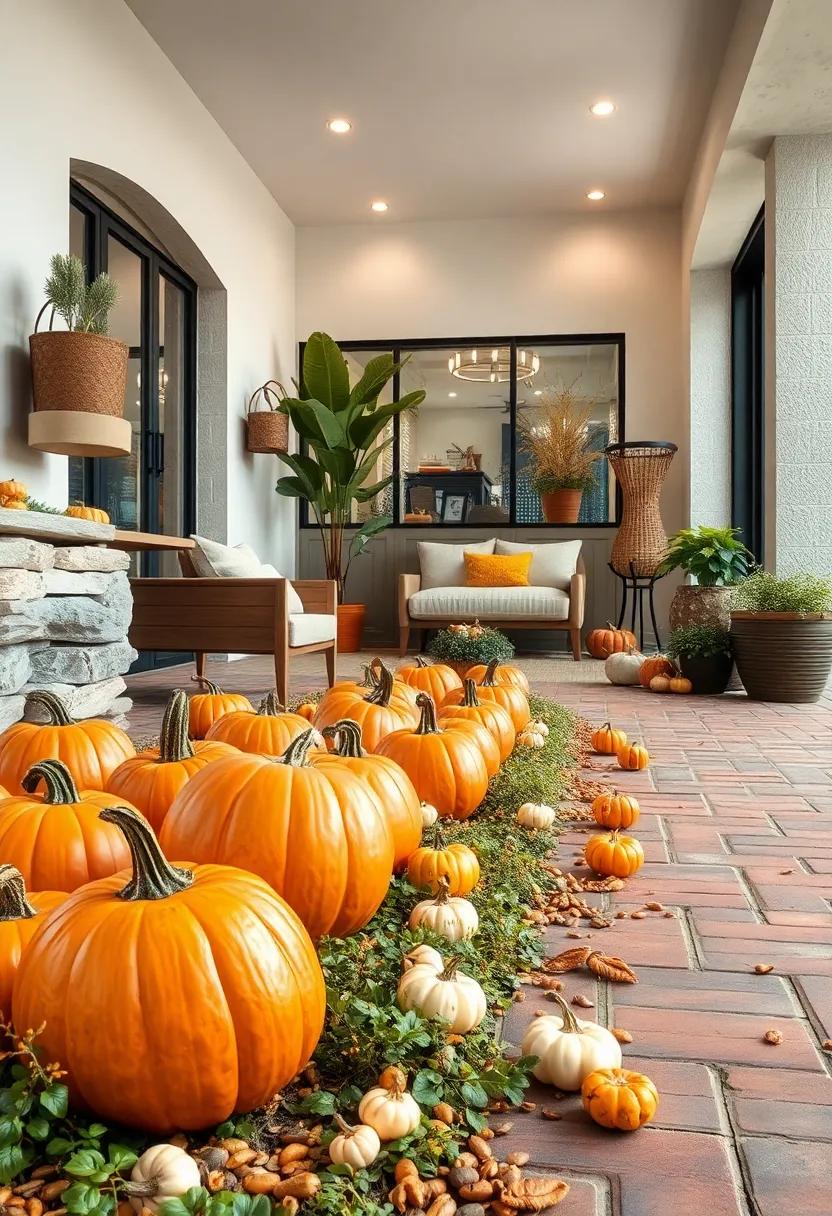 Scattered Pumpkin Seeds and Small Gourds Creating a Natural Border Along a Brick Walkway