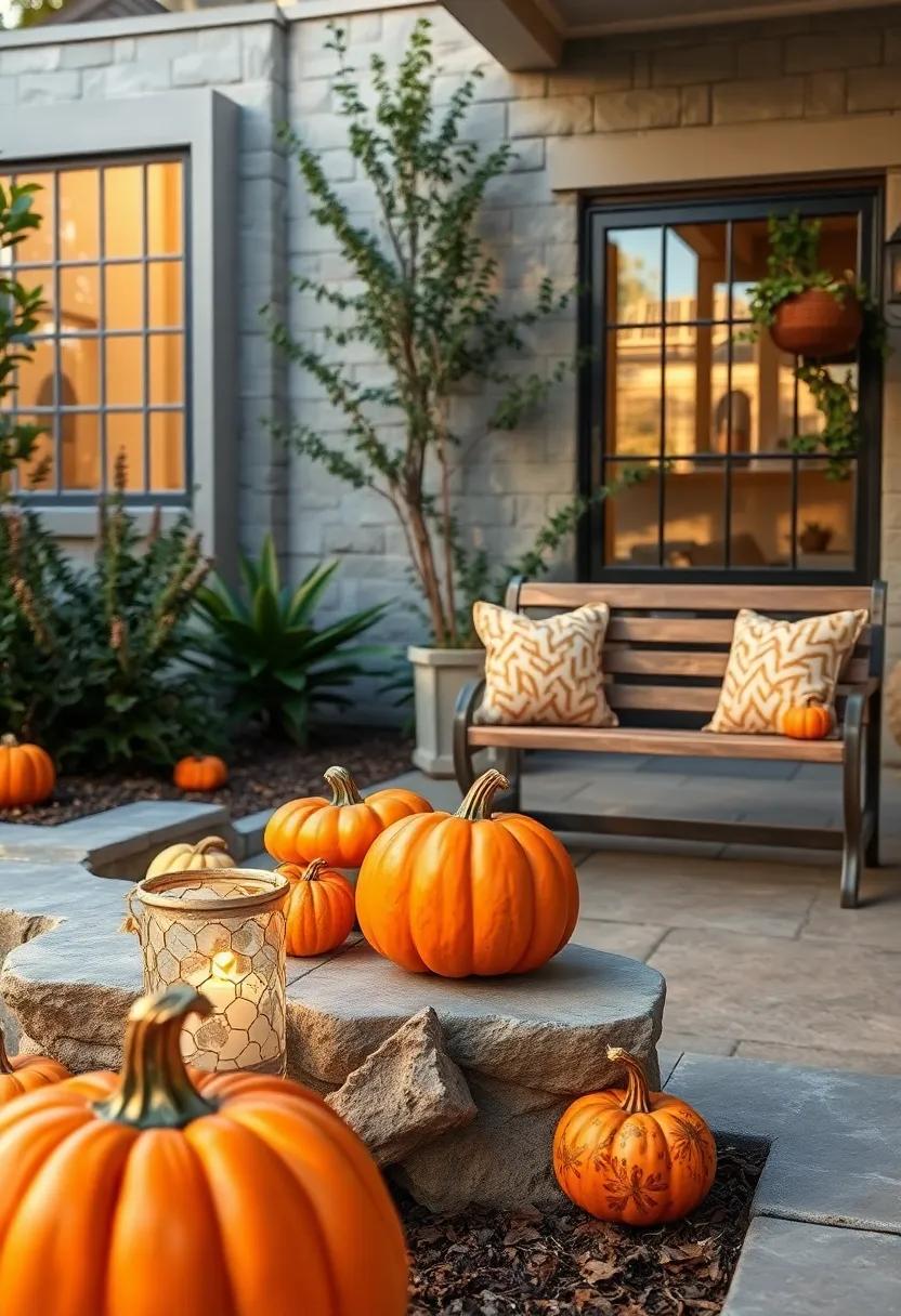 Softly Lit Pumpkin Lanterns Casting Gentle Shadows Over a Rustic Wooden Bench in the Garden