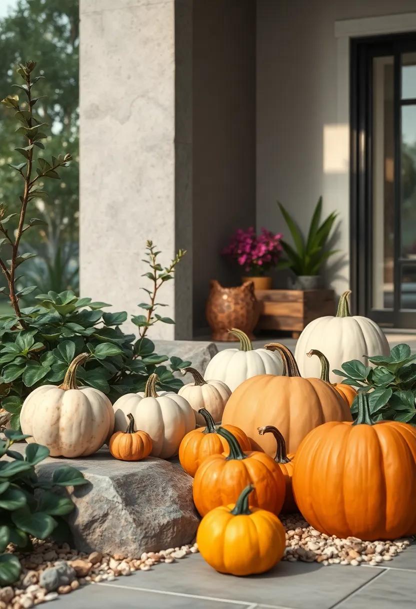 Subtle Hues of Pale Pumpkins Blending Elegantly With Smoked Green Plants Under Soft Dappled Light