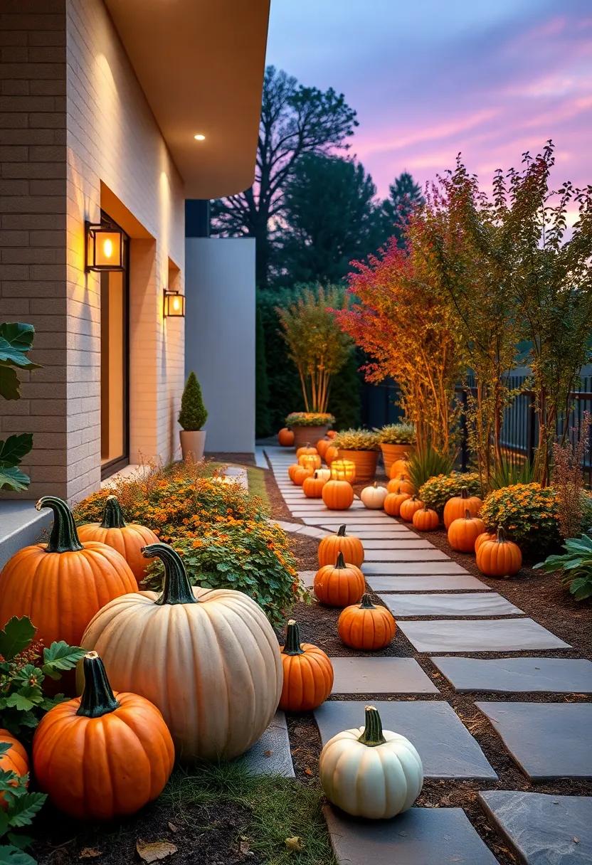 Sunset Glow Illuminating Pumpkin Arrangements Along a Serene Garden Pathway