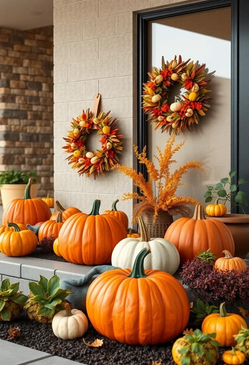 Vibrant Harvest Wreaths Adorned With Miniature Gourds, Cinnamon Sticks, and Burlap Ribbon