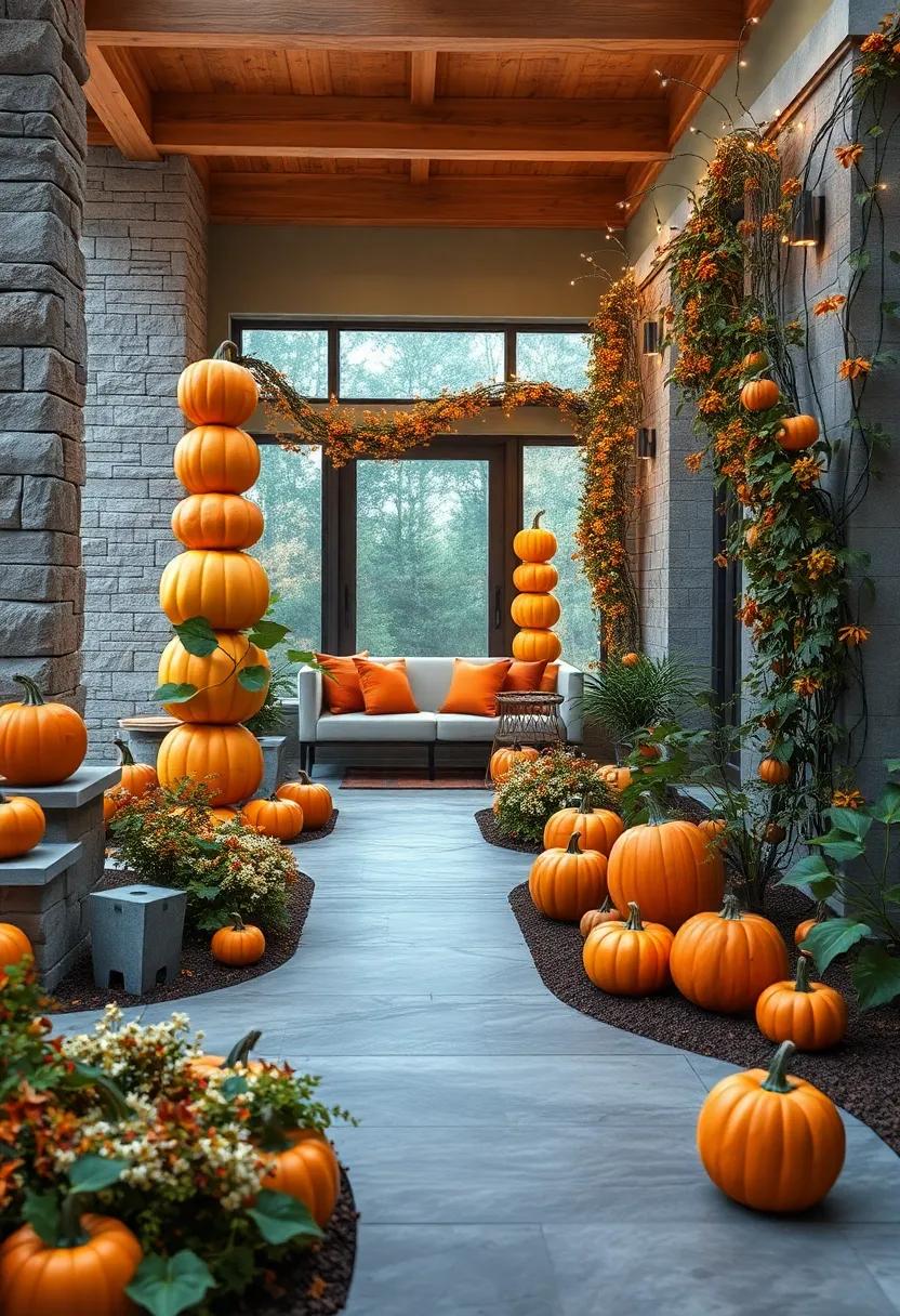 Whimsical Pumpkin Towers Intertwined With Twinkling Fairy Lights and Autumn Vines