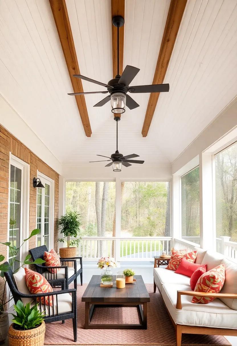 Charming Screened Porch Ceilings Featuring Classic White Shiplap with Rustic Wood Beams and Soft Ambient Lighting