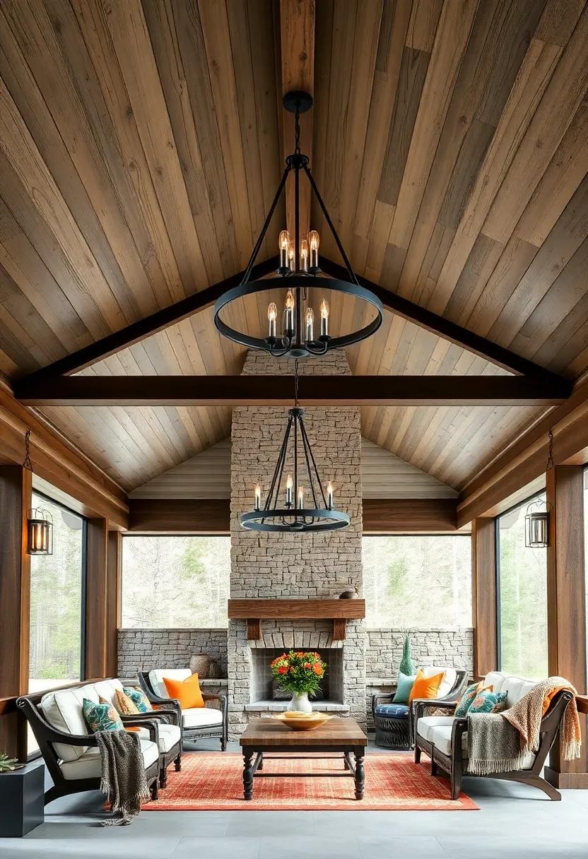 Rustic Mountain Lodge Screened Porch Ceiling Displaying Rough Hewn Shiplap with Iron Chandeliers and Cozy Wool Throws