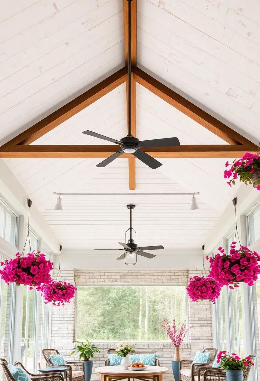 Open and Airy Rustic Screened Porch Ceiling With Whitewashed Shiplap and Exposed Wooden Trusses, Surrounded by Hanging Flowers