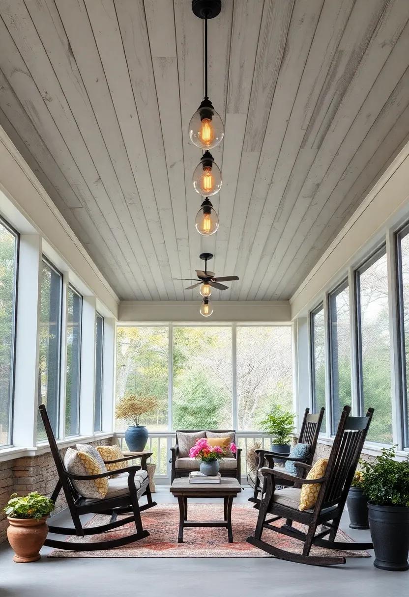 Vintage Farmhouse Screened Porch Ceiling Combining Weathered Wooden Shiplap with Antique Edison Bulbs and Comfortable Rocking Chairs