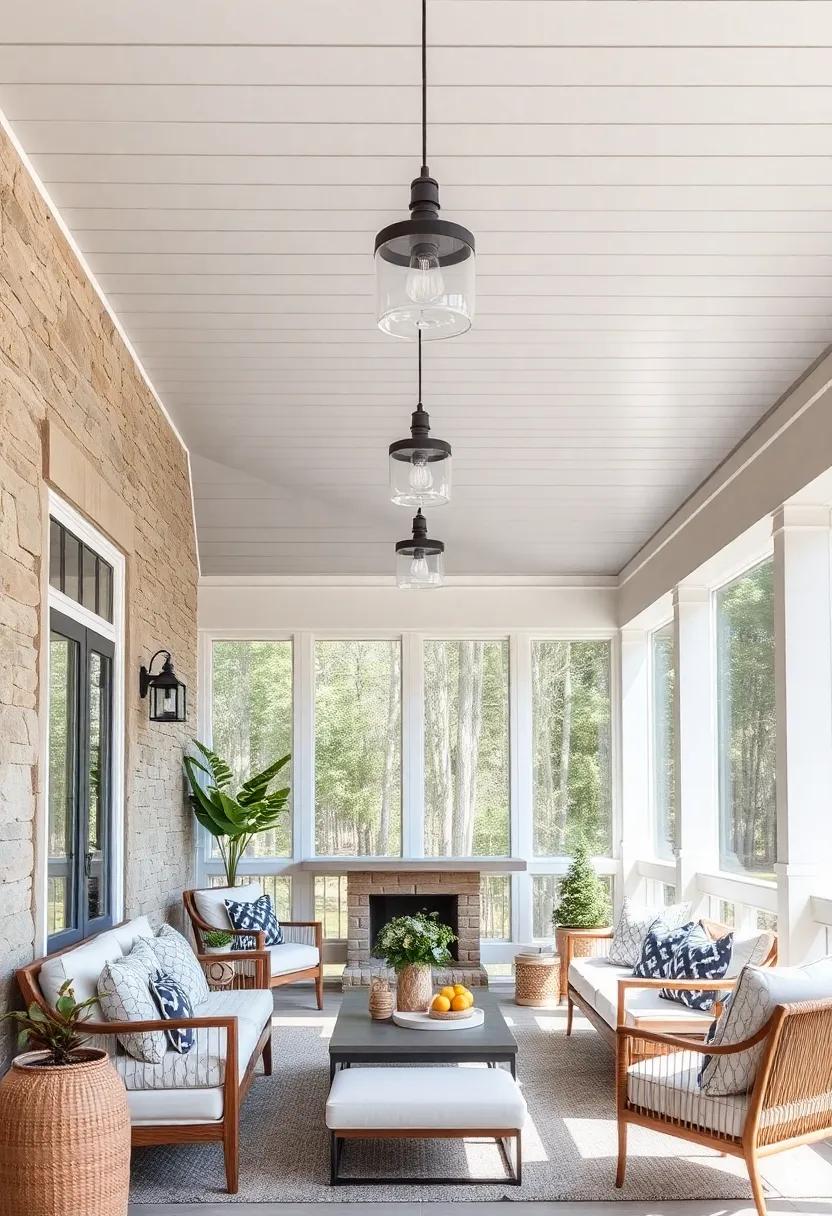 Modern Minimalist Screened Porch Ceiling Showcasing Sleek Horizontal Shiplap Panels in Cool Gray Tones with Integrated Recessed Lights