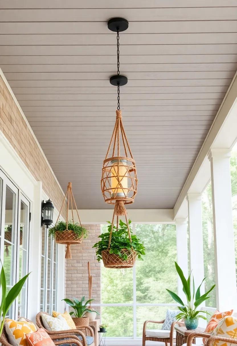 Sunlit Screened Porch Ceiling Highlighting Natural Wood Grain Shiplap Painted in Warm Honey Brown Surrounded by Lush Greenery