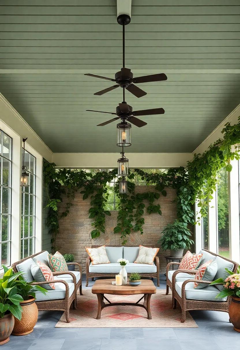 Coastal-Inspired Screened Porch Ceiling with Weathered Blue Shiplap and Nautical Accents Under String Lights at Twilight