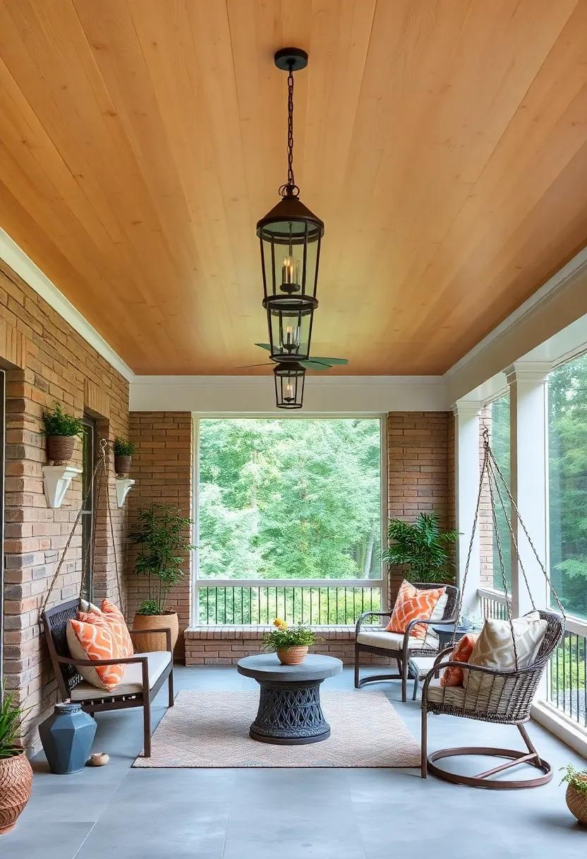 Warm and Inviting Screened Porch Ceiling in Natural Pine Shiplap Paired with Vintage Lantern Fixtures and Cozy Hanging Chairs