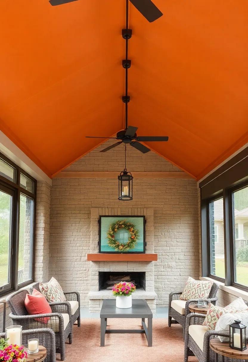 Cozy Autumn Screened Porch Ceiling Highlighted by Warm Orange and Brown Shiplap Panels with Lanterns and Thick Wool Cushions