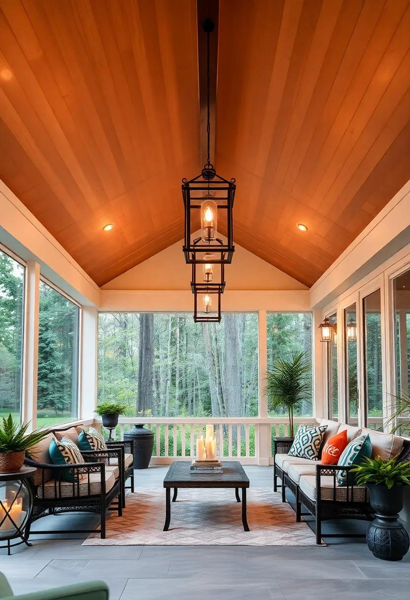 Sunset Glow Screened Porch Ceiling Showcasing Warm Sunset Tinted Shiplap Panels with Dramatic Hanging Lanterns and Plush Seating