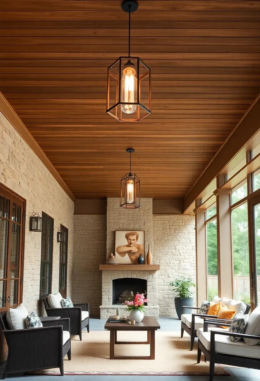 Craftsman Screened Porch Ceiling Displaying Symmetrical Shiplap Paneling in Earth Tones Enhanced by Bold Pendant Lighting