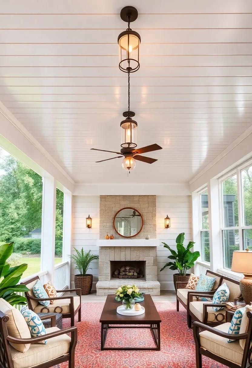 Elegant Screened Porch Ceiling with Glossy White Shiplap and Gold Accent Light Fixtures Reflecting a Luxurious Outdoor Ambiance