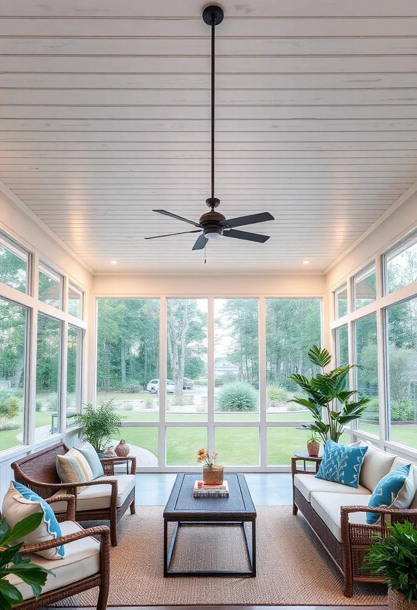Softly Textured Screened Porch Ceiling Utilizing Whitewashed Shiplap and Subtle Fairy Lights for a Dreamy Evening Setting