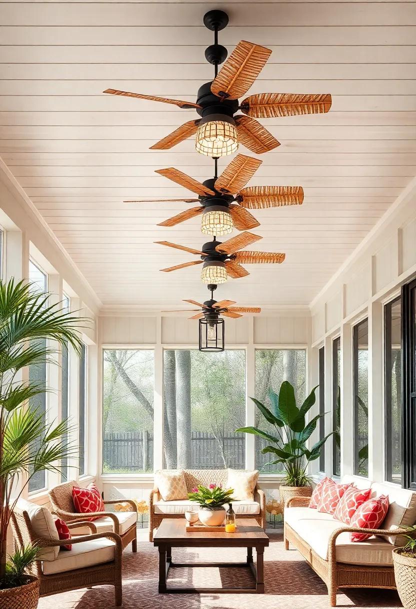 Tropical Inspired Screened Porch Ceiling Featuring Light Teak Shiplap Boards with Palm Leaf Fans and Rattan Pendant Lamps