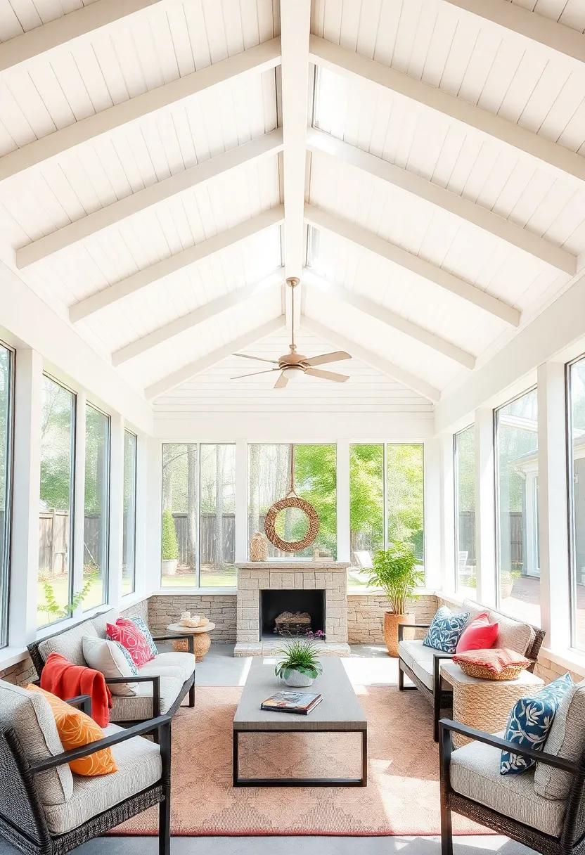 Bright and Airy Screened Porch Ceiling with Crisp White Shiplap and Large Open Rafters Framing the Natural Sky