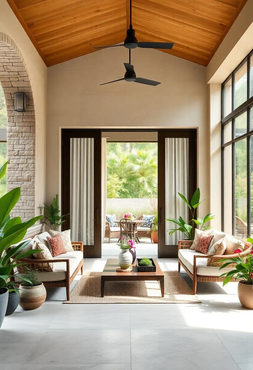 Bold Architectural Grand Doors Contrasted Against Soft Drapery in a Screened Porch Filled with Plants