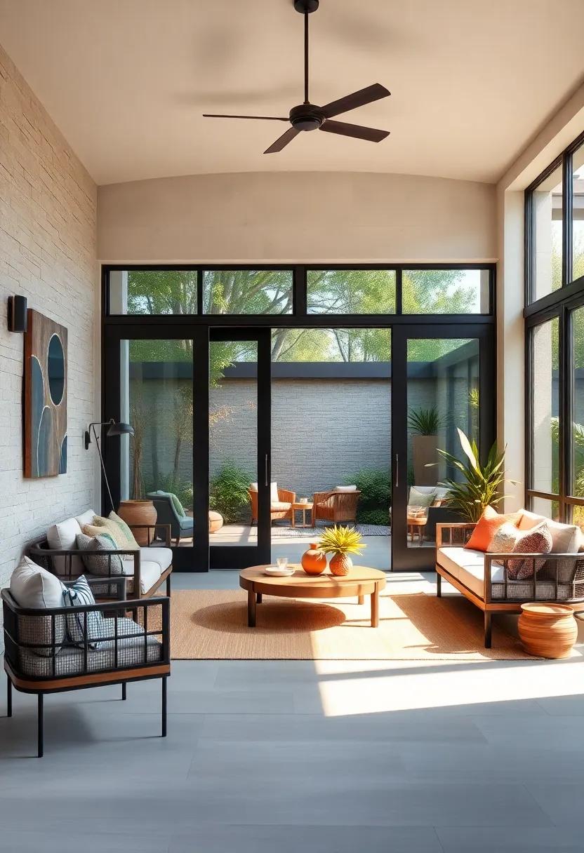 Clean Lines and Soft Neutrals Defining a Zen-Inspired Screened Porch Through Sleek Grand Doors