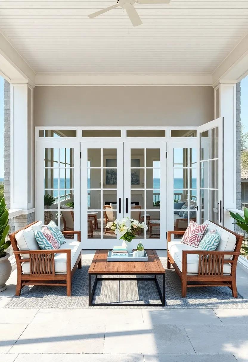 A Coastal Screened Porch Embraced by Whitewashed Grand Doors Reflecting Ocean Blues and Whites
