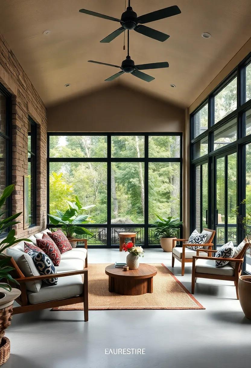Contemporary Screened Porch Enhanced by Bold Black-framed Grand Doors Surrounded by Greenery