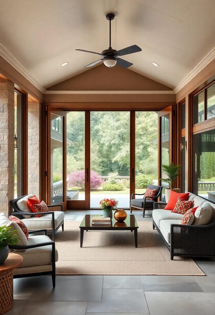 The Elegance of Grand Doors Framing a Scenic Screened Porch with Lush Garden Views