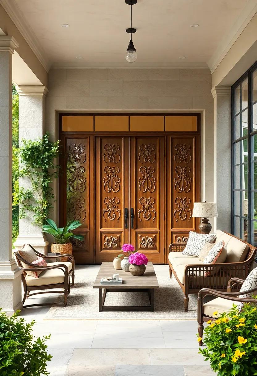 An Elegant Screened Porch with Ornate Carved Grand Doors Framed by Ivy and Flowering Shrubs