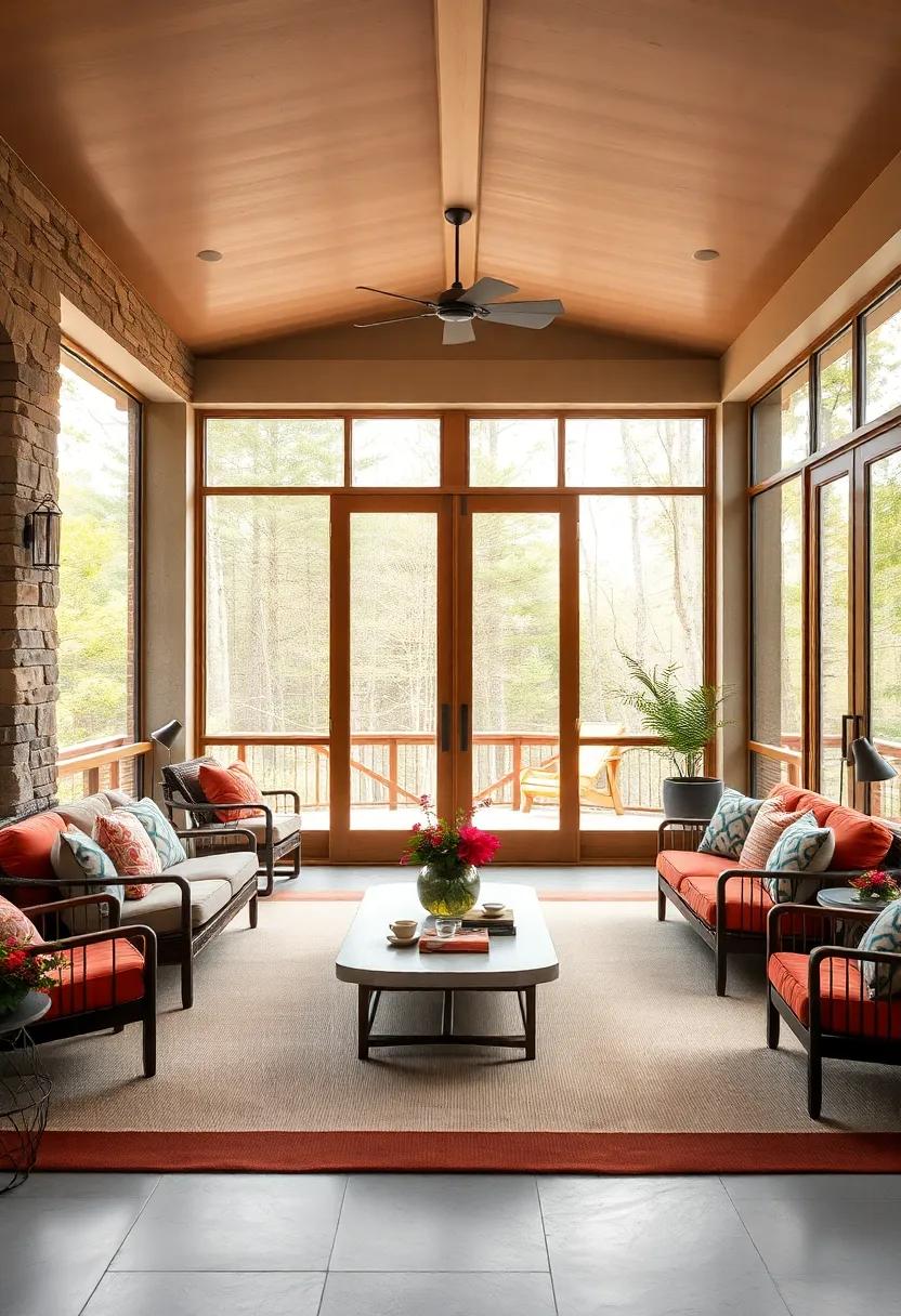 Expansive Screened Porches Showcasing Floor-To-Ceiling Grand Doors Overlooking Forested Backdrops