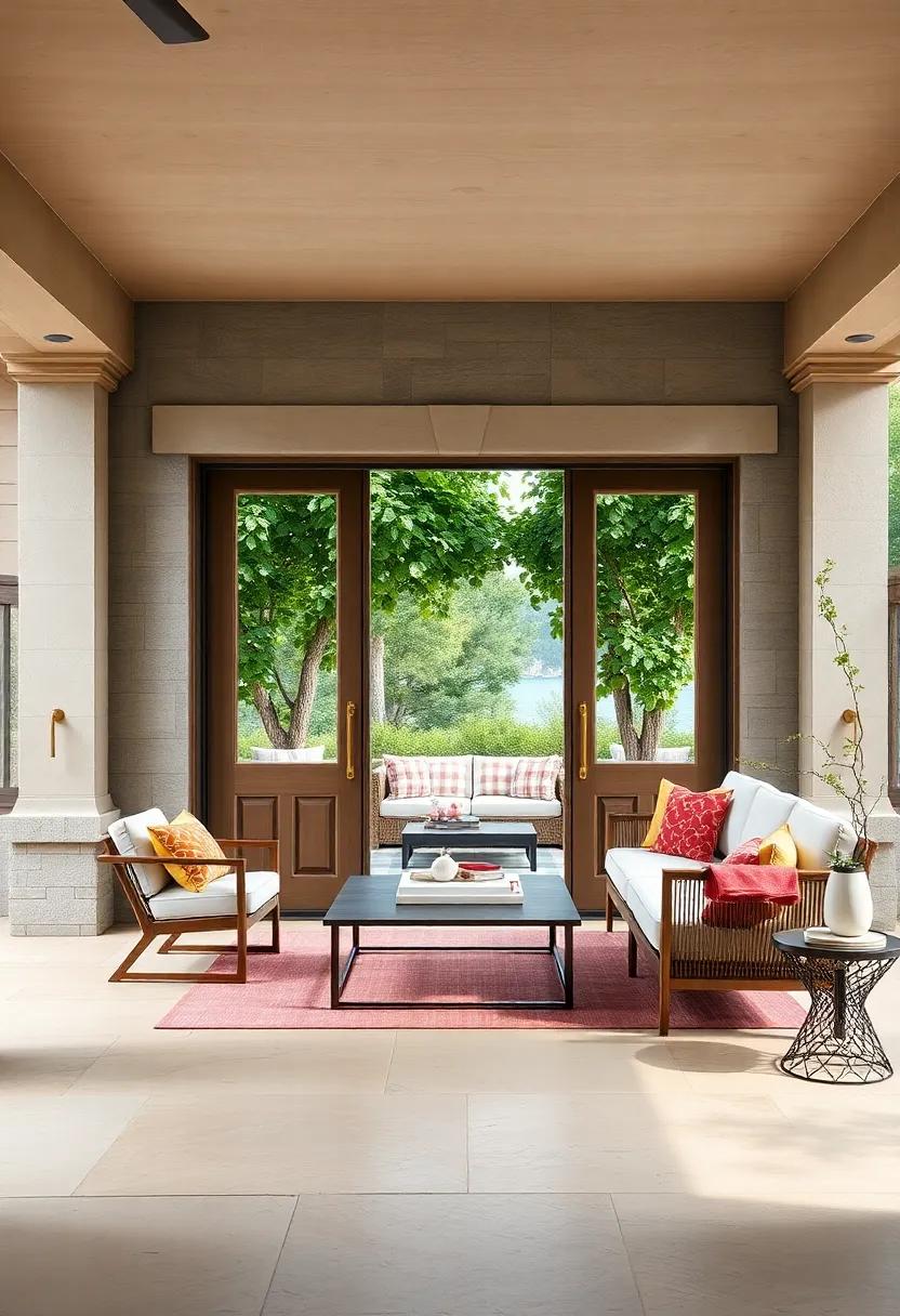 Grand Doors with Vintage Brass Handles Opening to a Screened Porch Wrapped in Climbing Vines