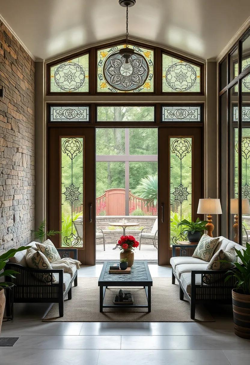 Grand Doors with Intricate Stained Glass Insets Leading to a Tranquil Screened Porch Garden Retreat