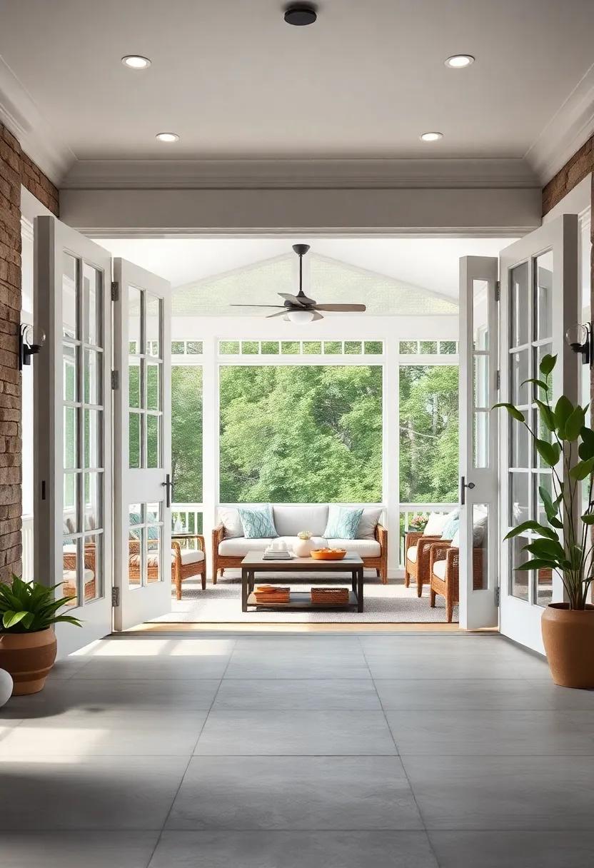 Grand Doors with Crisp White Frames Embracing a Fresh Screened Porch with Coastal Decor Elements