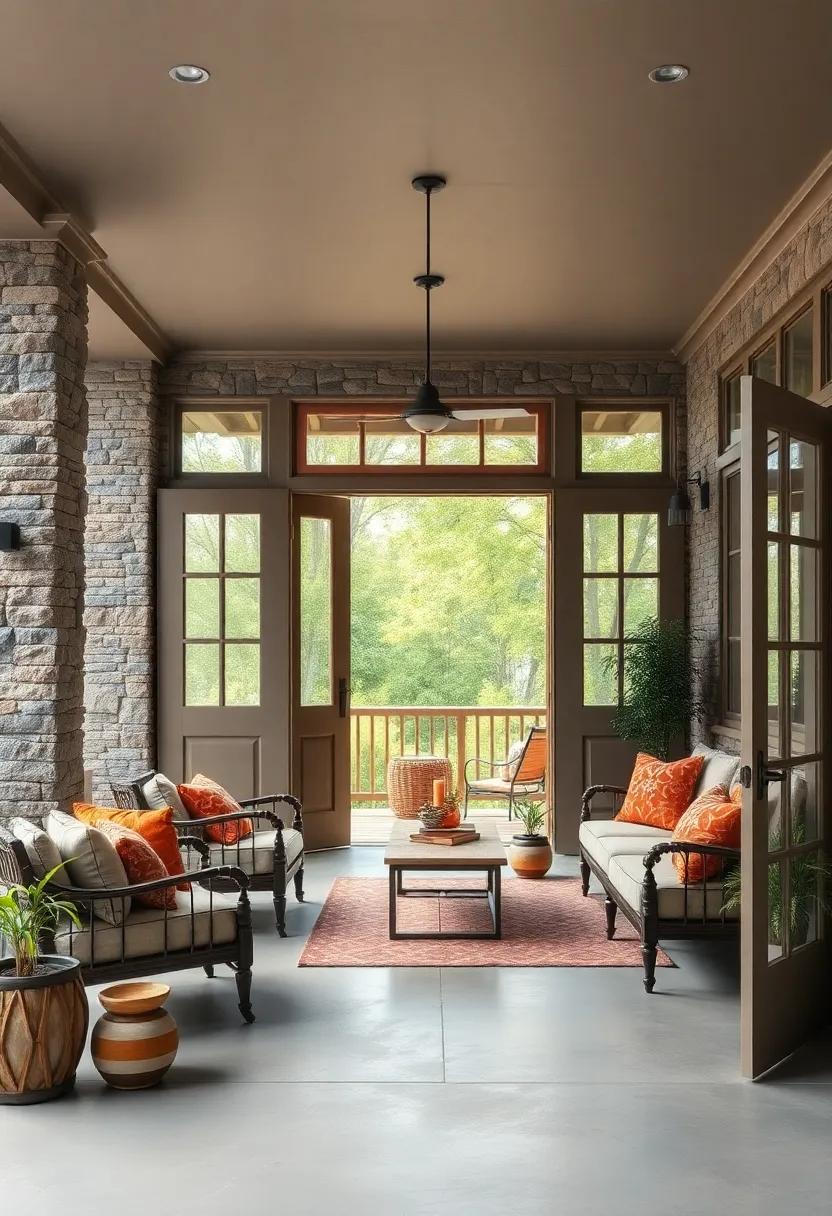Grand Doors Painted in Earthy Tones Opening to a Cozy Screened Porch with Rustic Eclectic Vibes