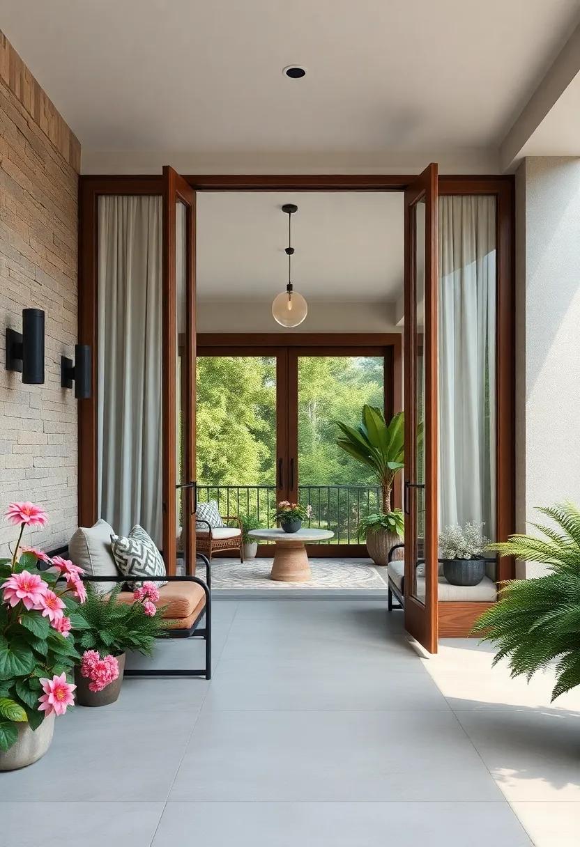 Inviting Curved Grand Doors Opening to a Screened Porch Surrounded by Chrysanthemums and Ferns