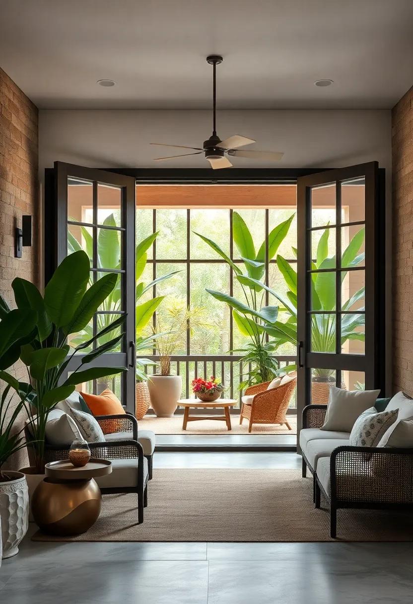 Lush Tropical Plants Peeking Through Open Grand Doors Leading to a Bright and Breezy Screened Porch