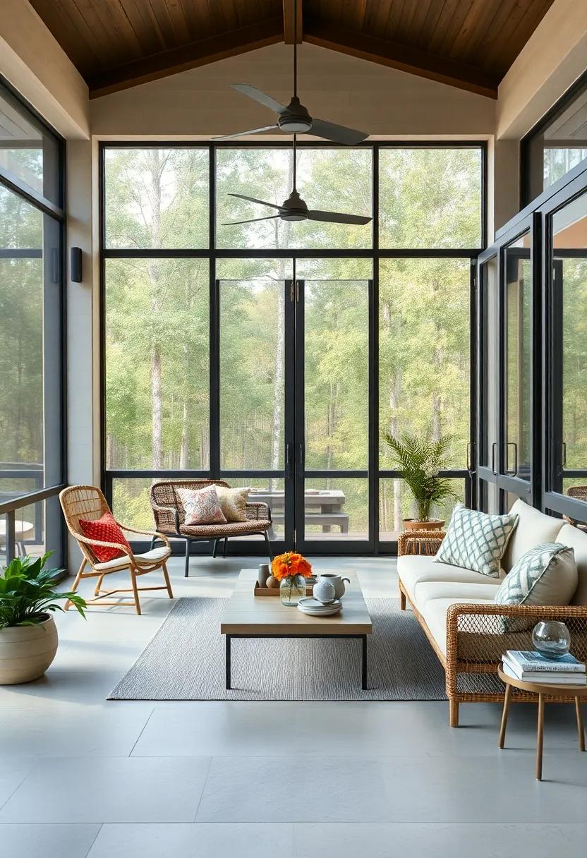 A Minimalist Screened Porch Setting Highlighted by Transparent Glass Grand Doors and Scandinavian Furnishings