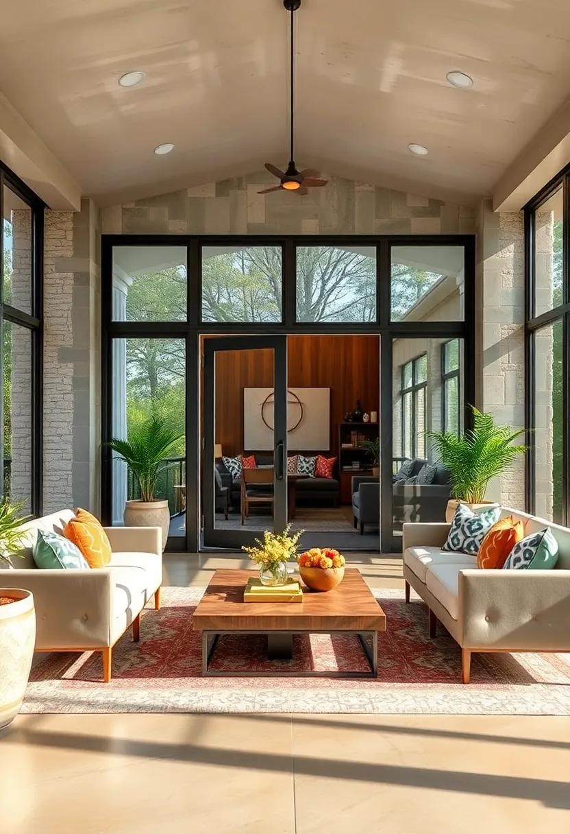 Mixed Materials Showcase in Grand Doors Leading Into a Screened Porch with Layered Textures