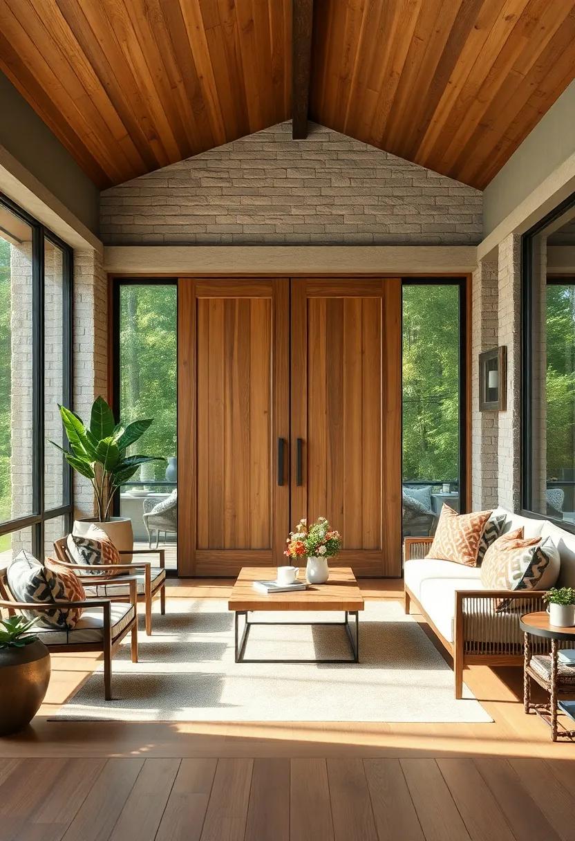 Natural Wood Grain Details on Grand Doors Creating Warmth in a Modern Screened Porch Setting