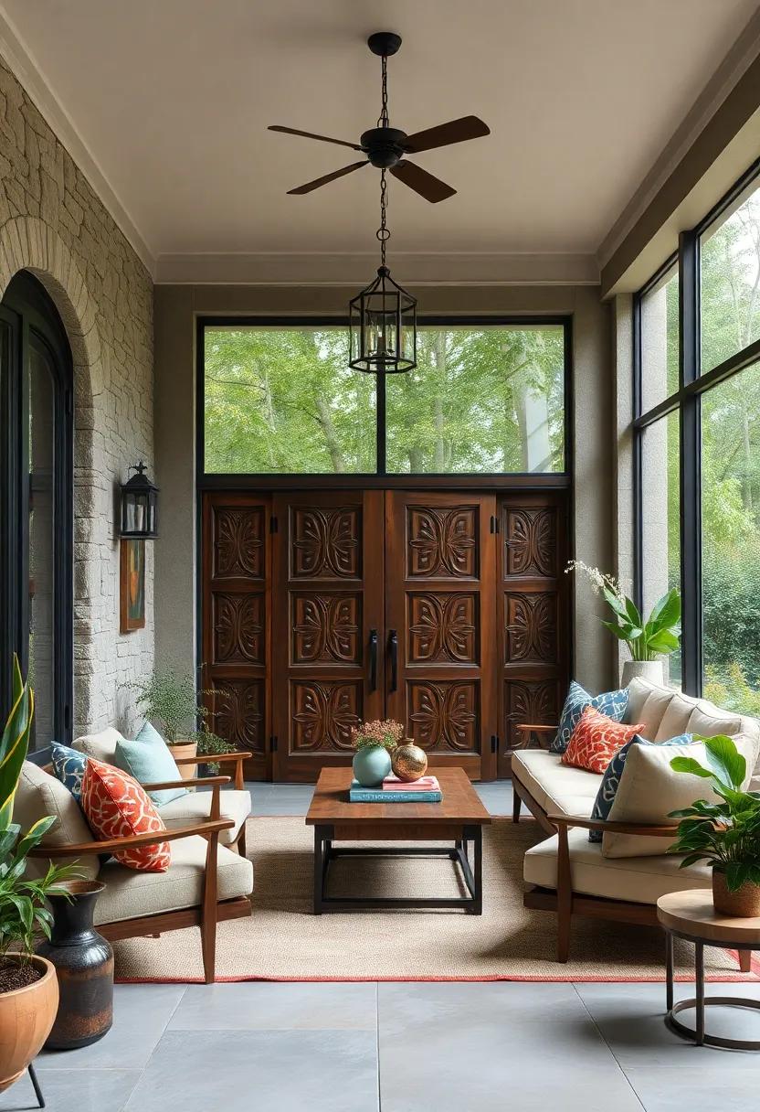 Rustic Charm Meets Modern Design in a Screened Porch Featuring Intricately Carved Wood Grand Doors